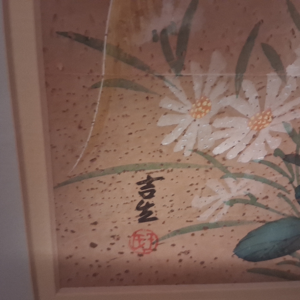 Vintage Floral Bird Art Painting with Blue and Yellow Accents - Picture 2 of 5